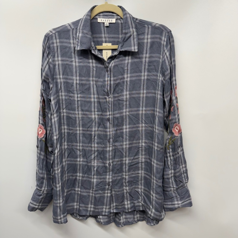 Harper Plaid Embroidered Embellished Floral Lightweight‎ Shirt Womens Medium NWT
